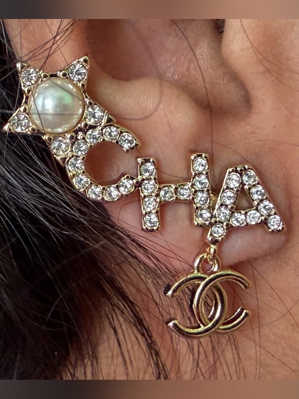 Chanel Gold-Tone Crystal CC Drop Earrings - Gold - Picture 4 of 11